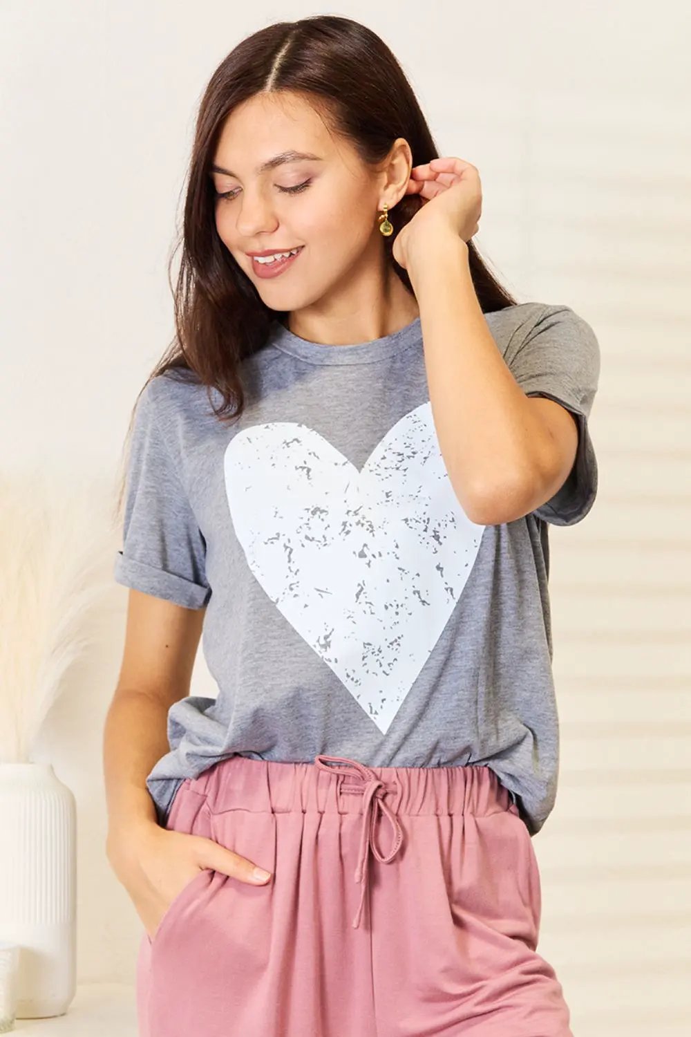 Simply Love Heart Graphic Cuffed Short Sleeve T-Shirt by Partner Label