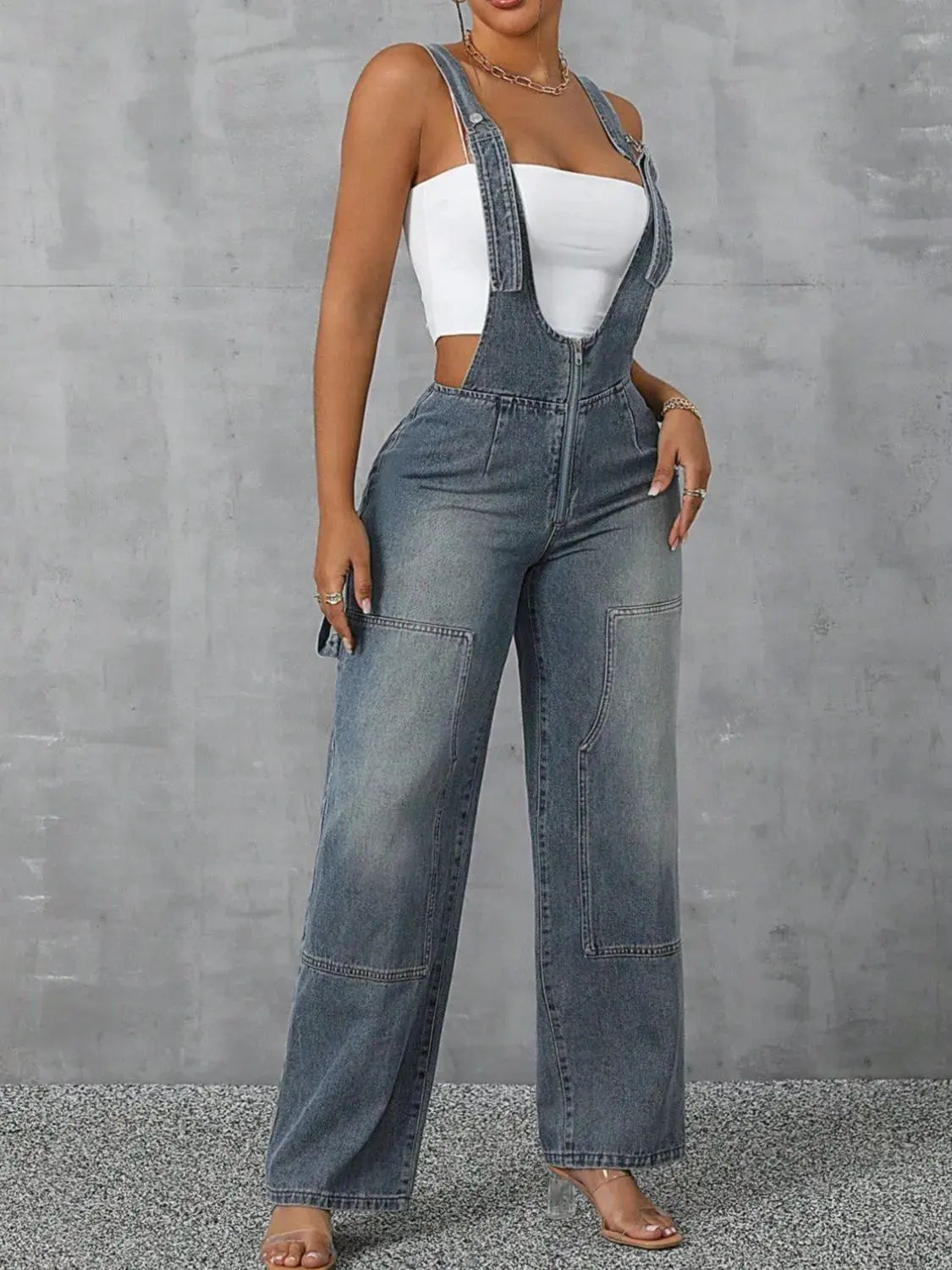 Zip Front Wide Strap Denim Overalls by Partner Labels
