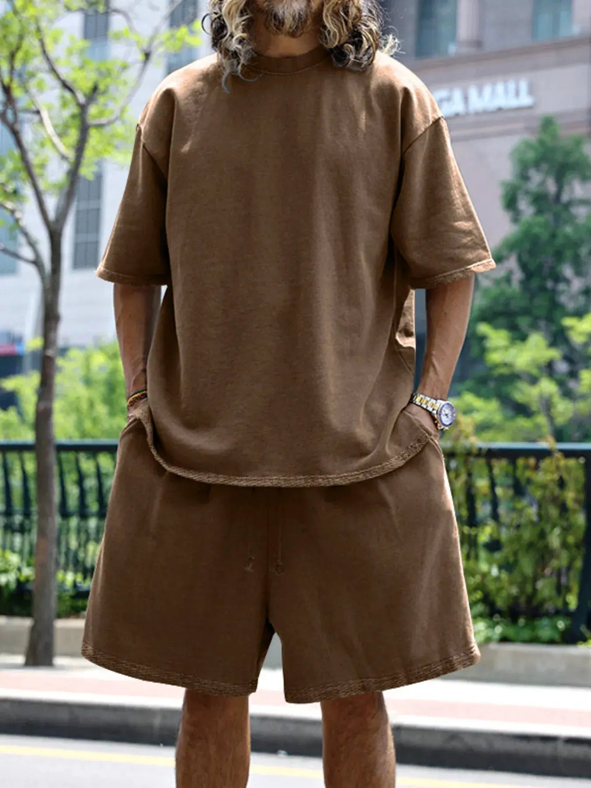 Men's Full Size Round Neck Short Sleeve Top and Shorts Set Plus Size by Partner Label