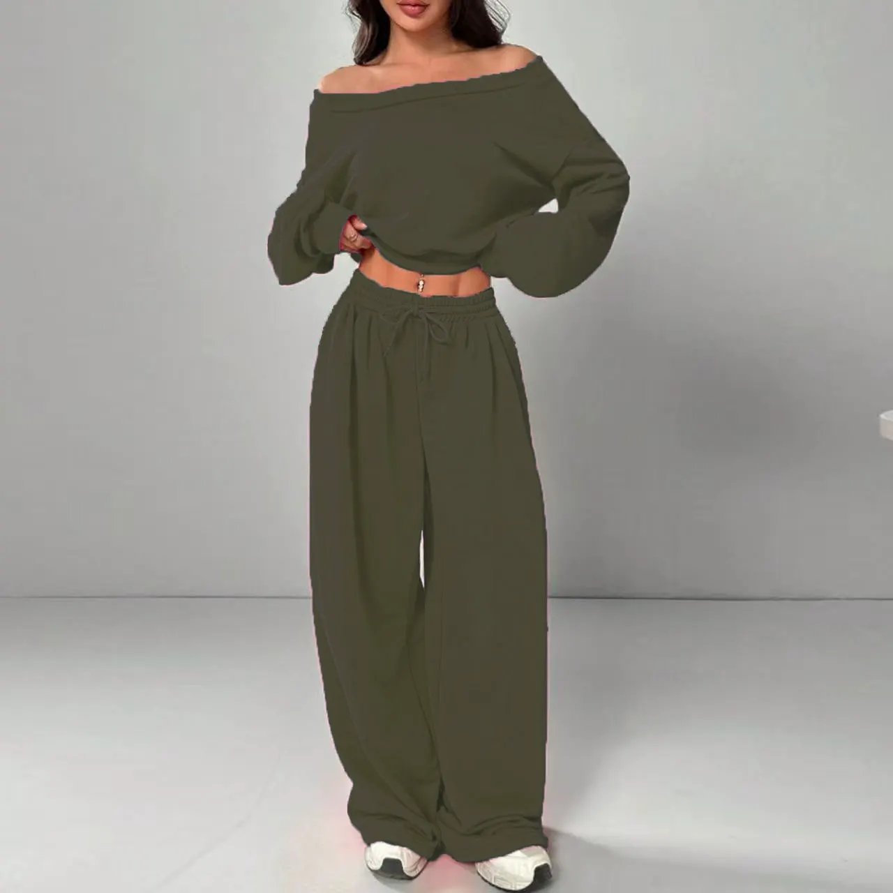 Women's Fashion Slim-fit Off-the-shoulder Navel Solid Color Casual Pants Suit by Maiden-Art