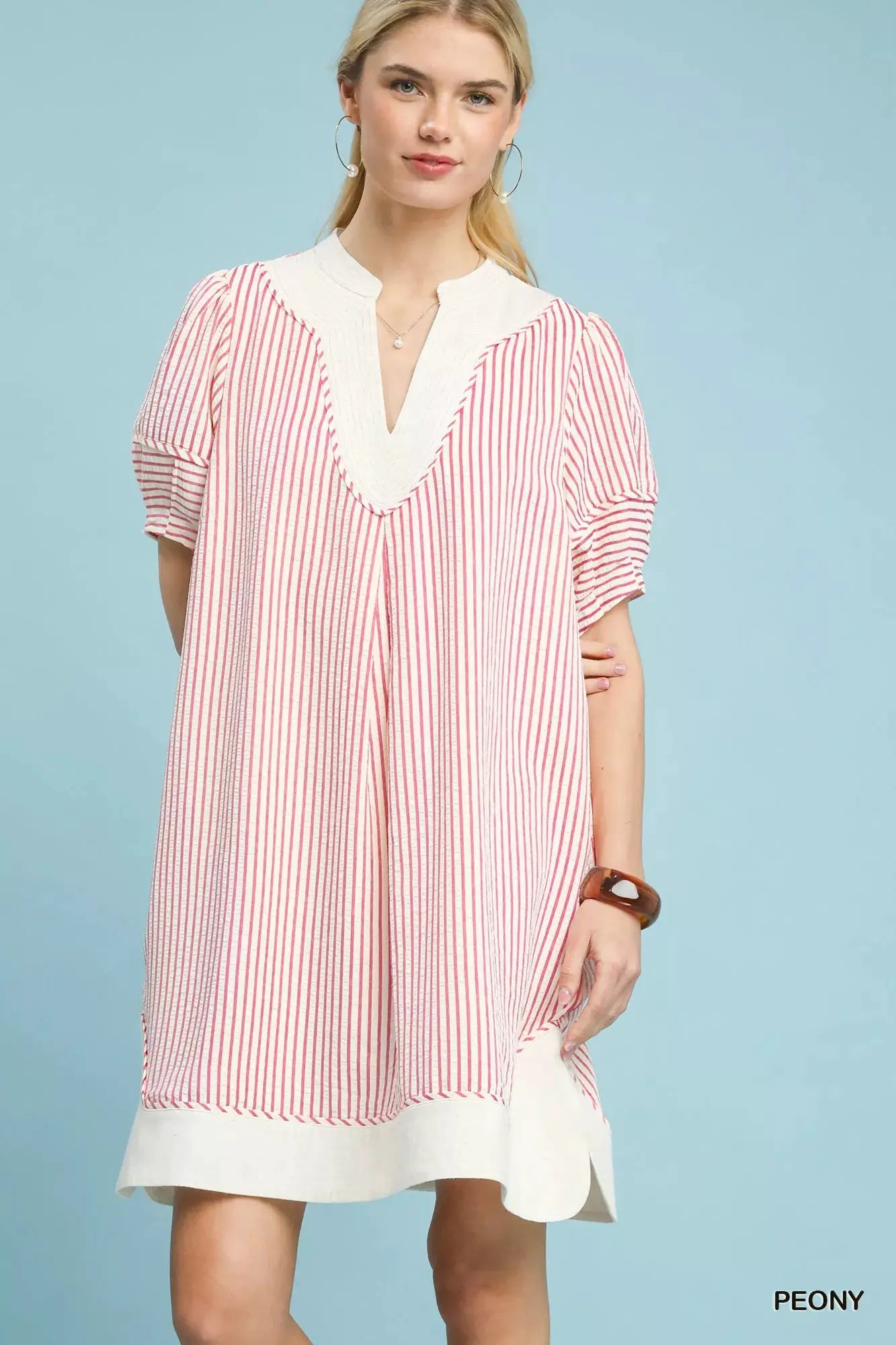 Umgee Pinstripe Shift Dress with Contrast Trim by Umgee
