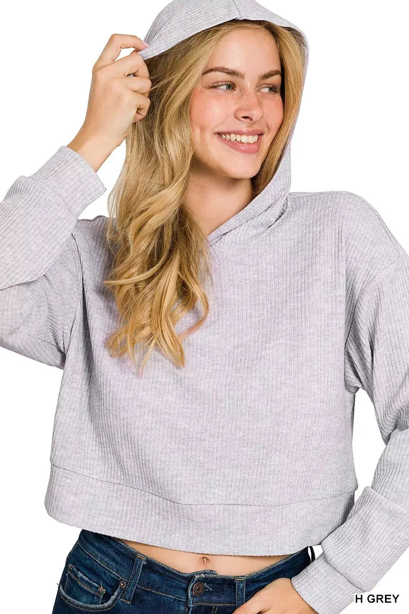 Zenana Drop Shoulder Ribbed Crop Hoodie by Zenana
