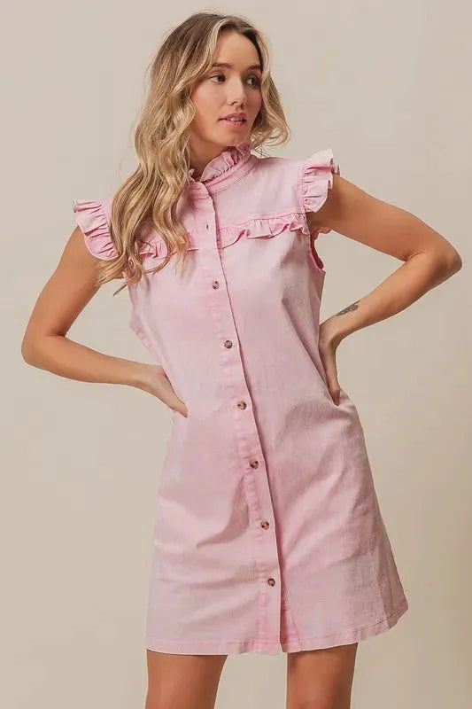 BiBi Washed Button Down Ruffled Cap Sleeve Denim Dress by Partner Label