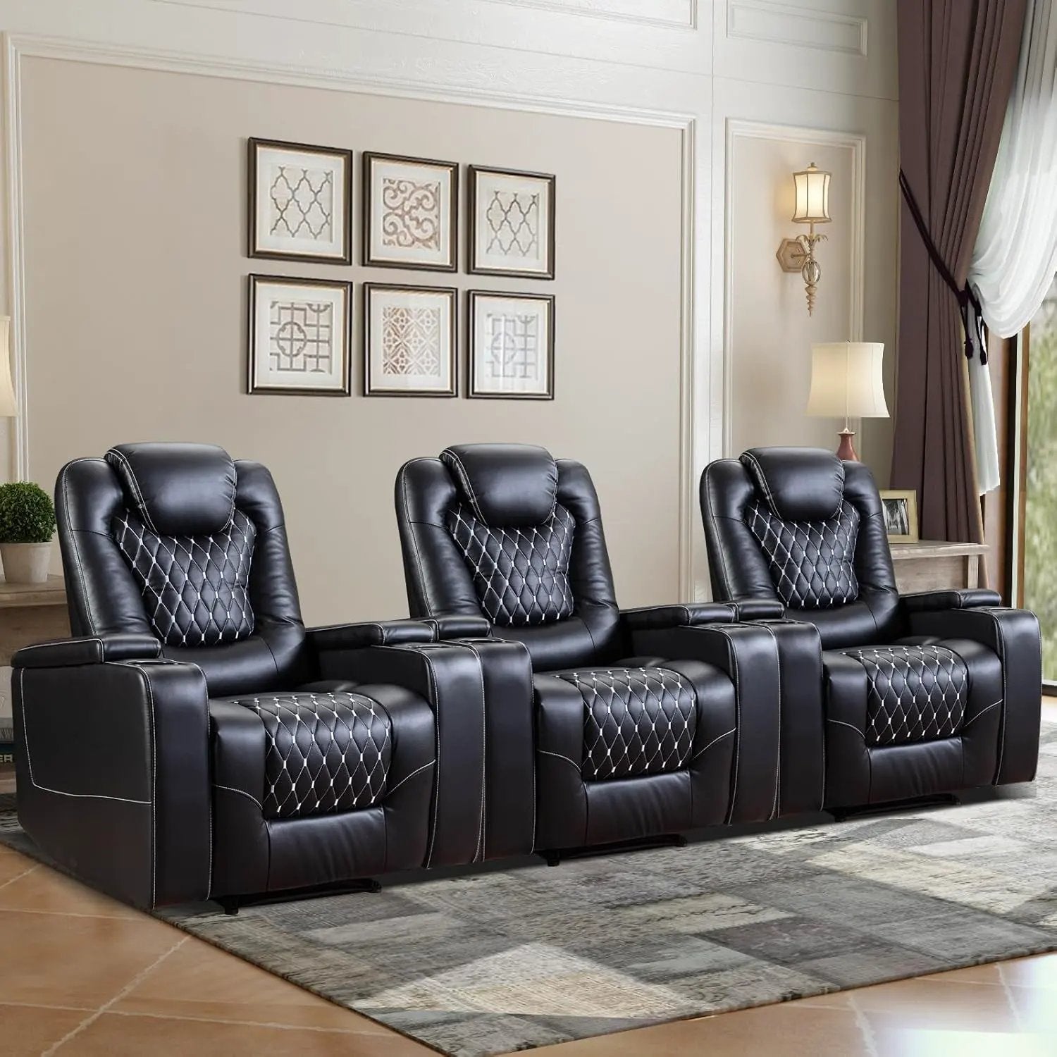 Power Recliner Chair Set of 3 – Black Leather with USB Ports & Cup Holders by Inland Leather