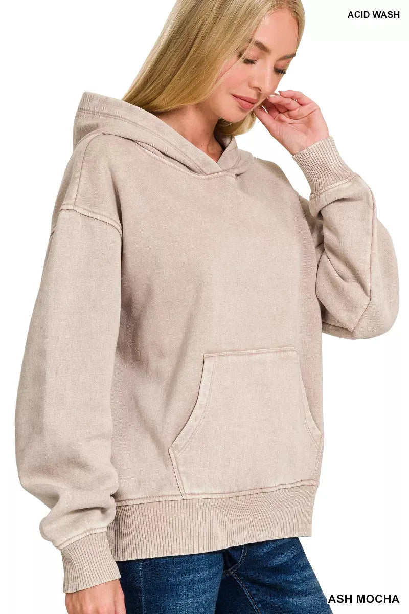 Zenana Fleece Acid Wash Kangaroo Pocket Hoodie by Zenana