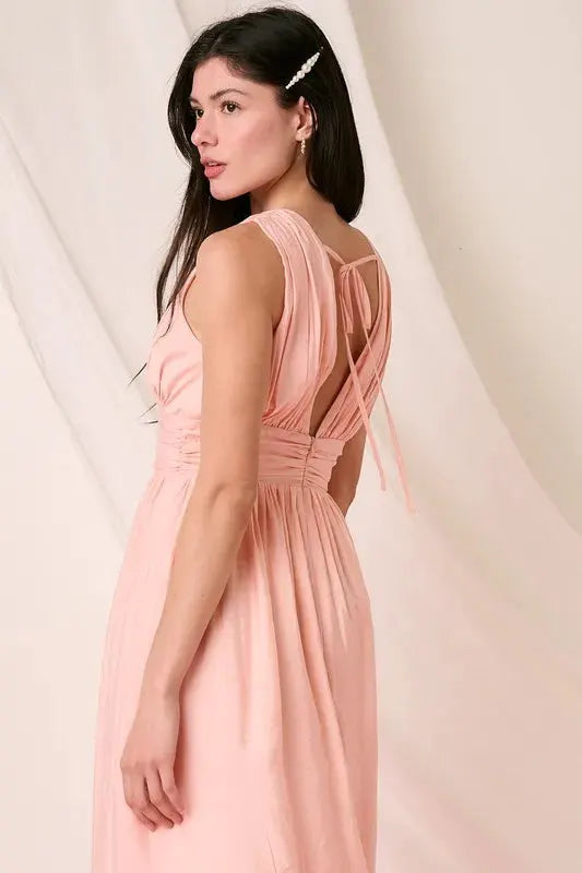 Mittoshop Ruched V-Neck Sleeveless Midi Dress by Mittoshop
