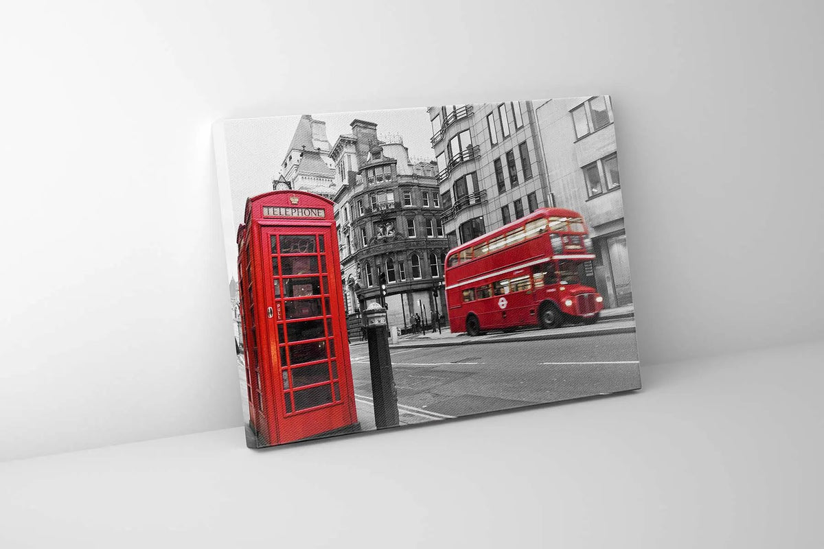 Canvas Print-Iconic Red Double Decker Bus & Phone Booth-Wall art by Gtaart.ca