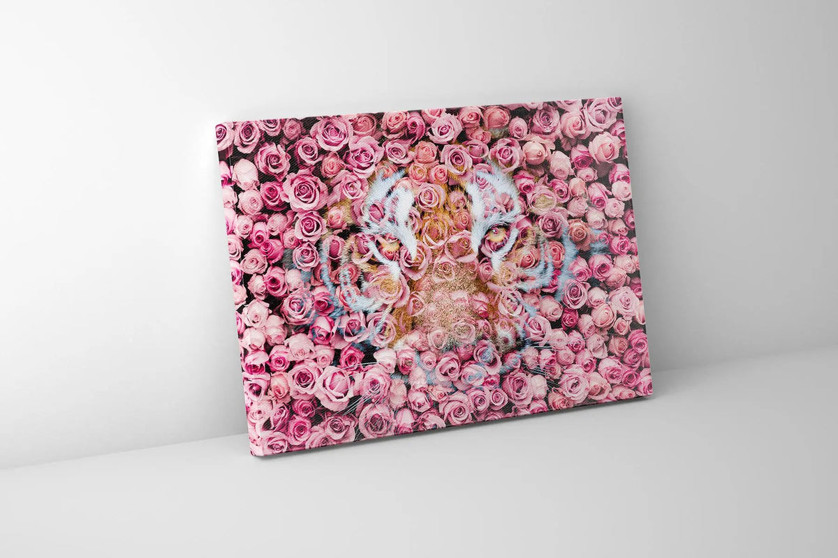 Tiger in the Rose-Wildlife Canvas Prints- Animal Art- Gold varnish by Gtaart.ca