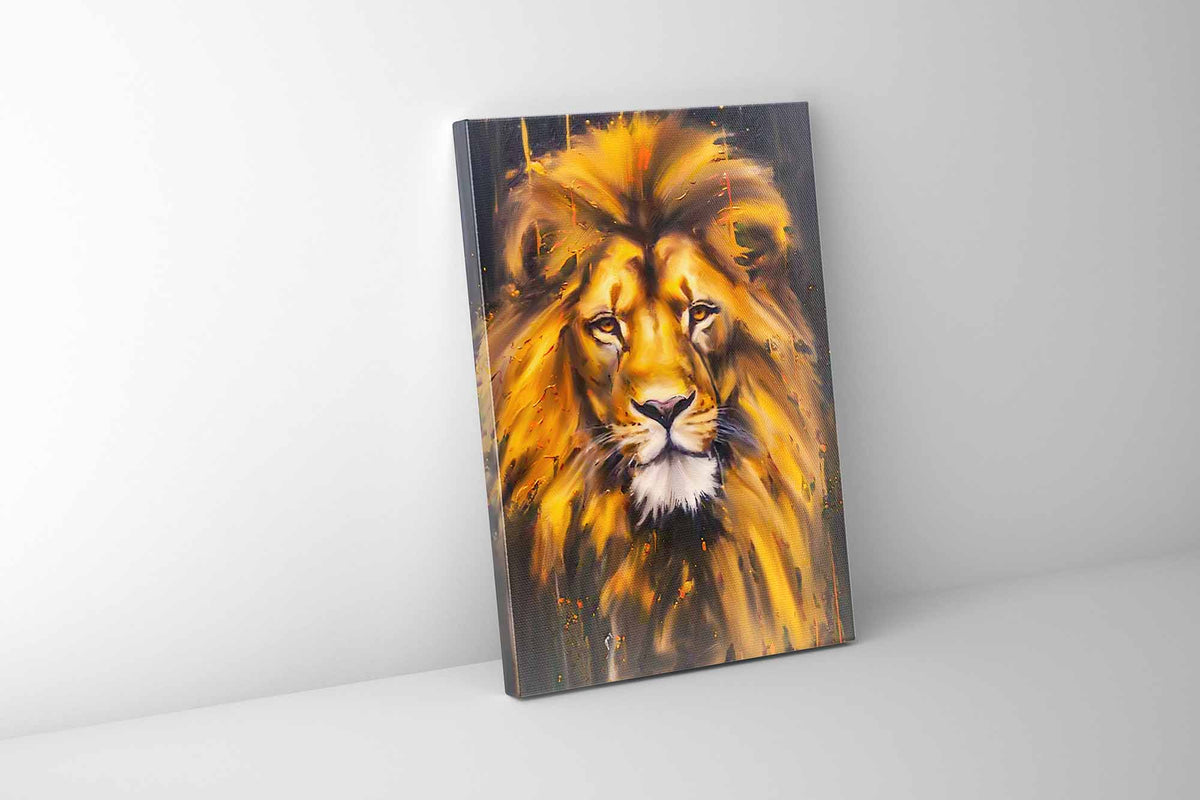 Canvas Lion Head - Wildlife Wall Art - Gold Glitter by Gtaart.ca