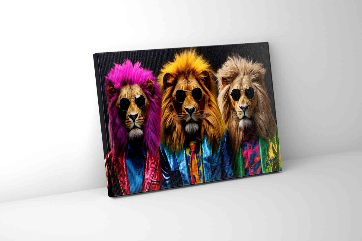 Wildlife Wall Art-The three cool lions-Canvas Print-Gold Varnish by Gtaart.ca