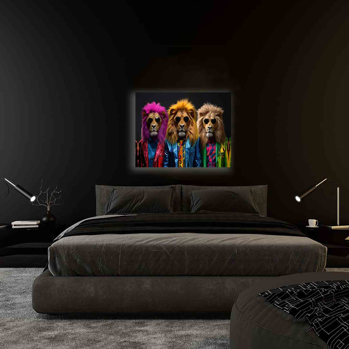 Wildlife Wall Art-The three cool lions-Canvas Print-Gold Varnish by Gtaart.ca