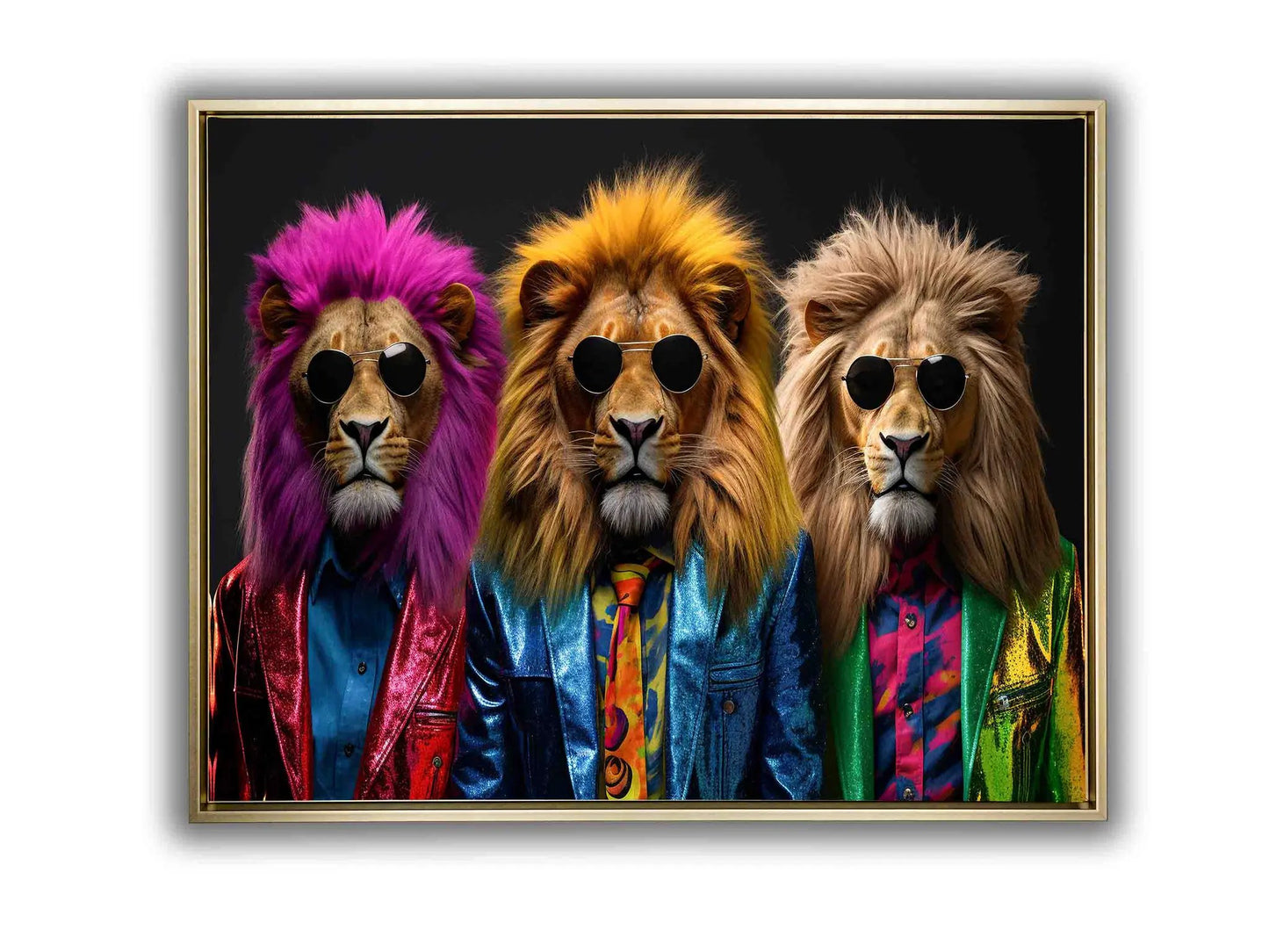 Wildlife Wall Art-The three cool lions-Canvas Print-Gold Varnish by Gtaart.ca