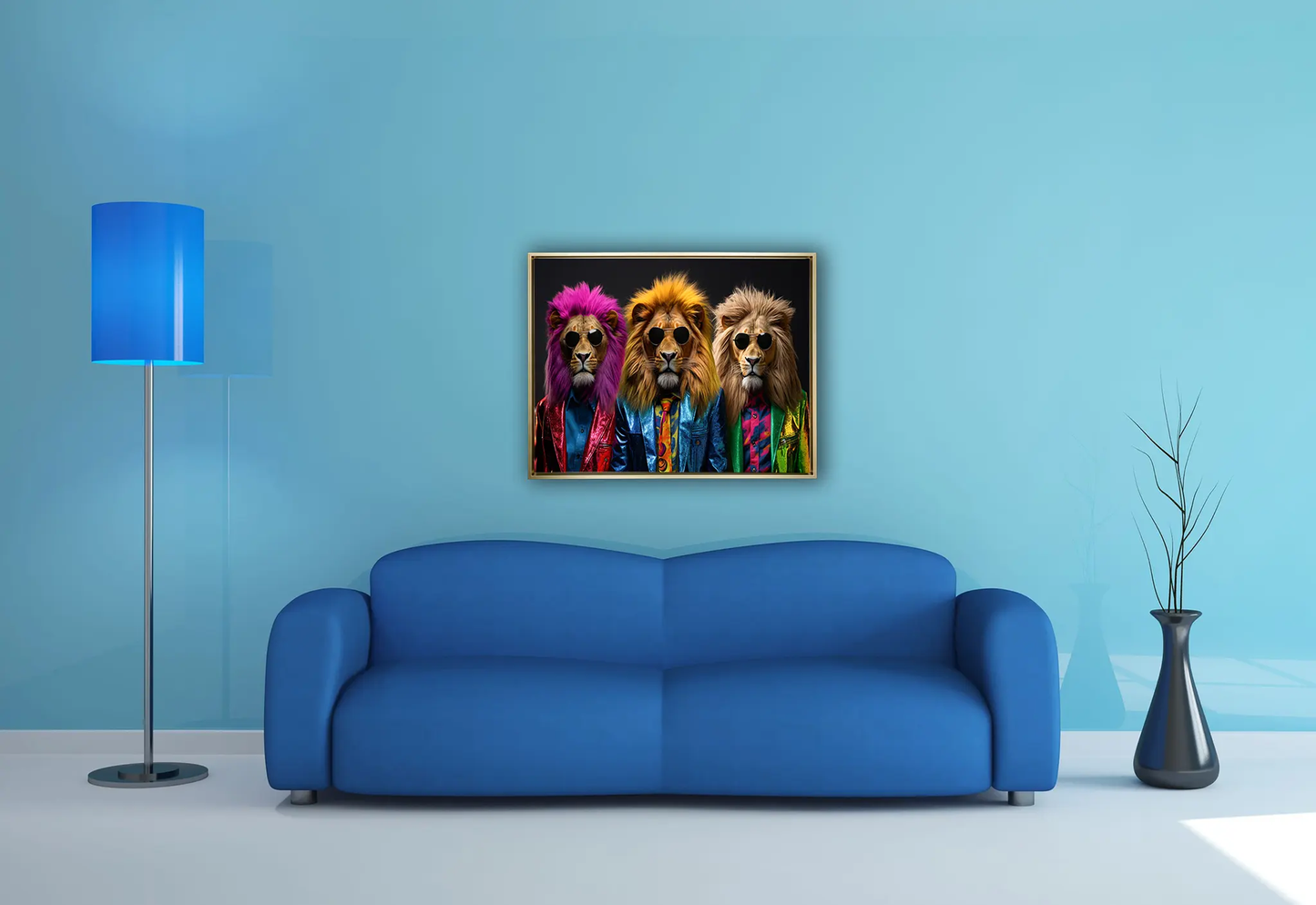 Wildlife Wall Art-The three cool lions-Canvas Print-Gold Varnish by Gtaart.ca