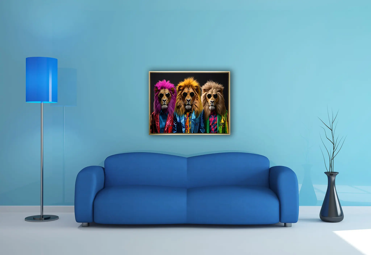Wildlife Wall Art-The three cool lions-Canvas Print-Gold Varnish by Gtaart.ca