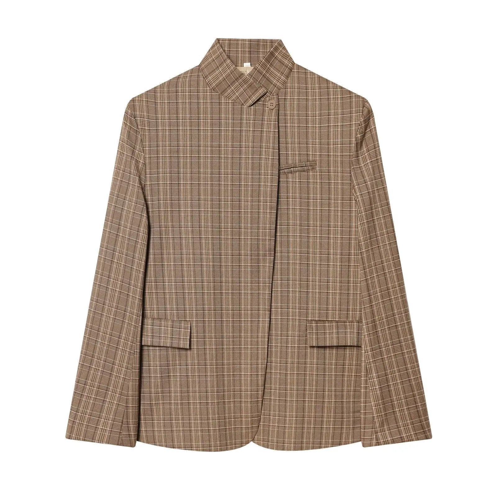 Women's Jacket Brown Plaid High Collar BYMANYC ® New York SOHO ASYMMETRIC STAND COLLAR BLAZER - New Collection by BYMANYC ® New York