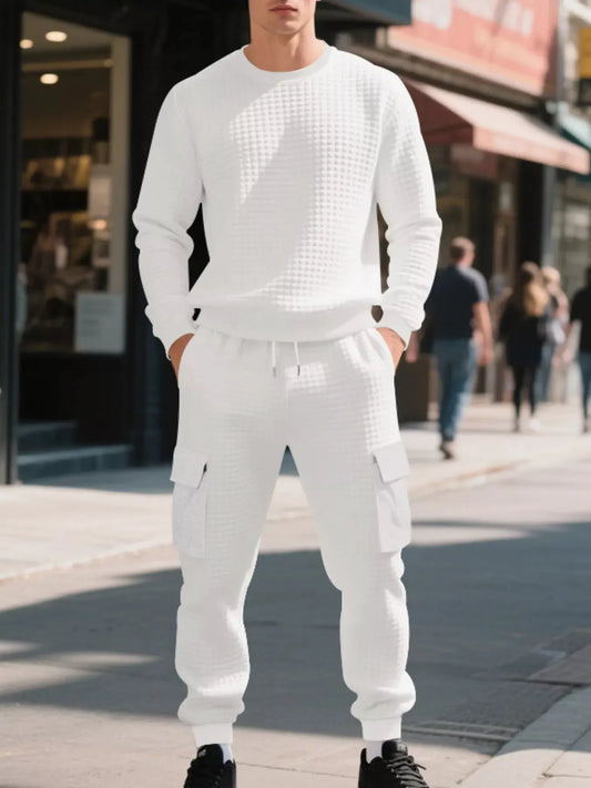 Men's Plus Size Waffle Knit Textured Crewneck Sweatshirt and Jogger Set by Trendsi