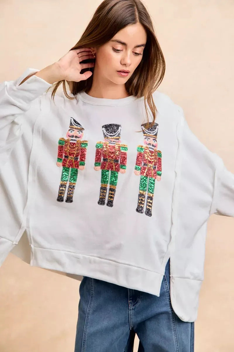 BiBi Christmas Sequin Nutcrackers Embroidery Sweatshirt by BiBi