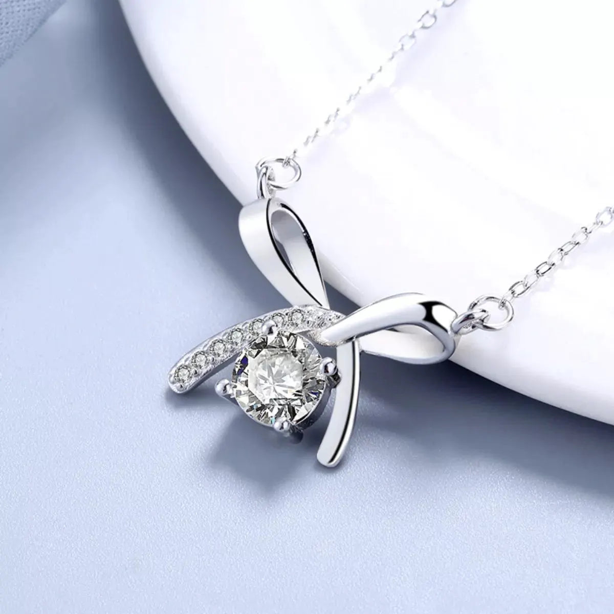 925 Sterling Silver Zircon Ribbon Pendant Necklace by Partner Labels