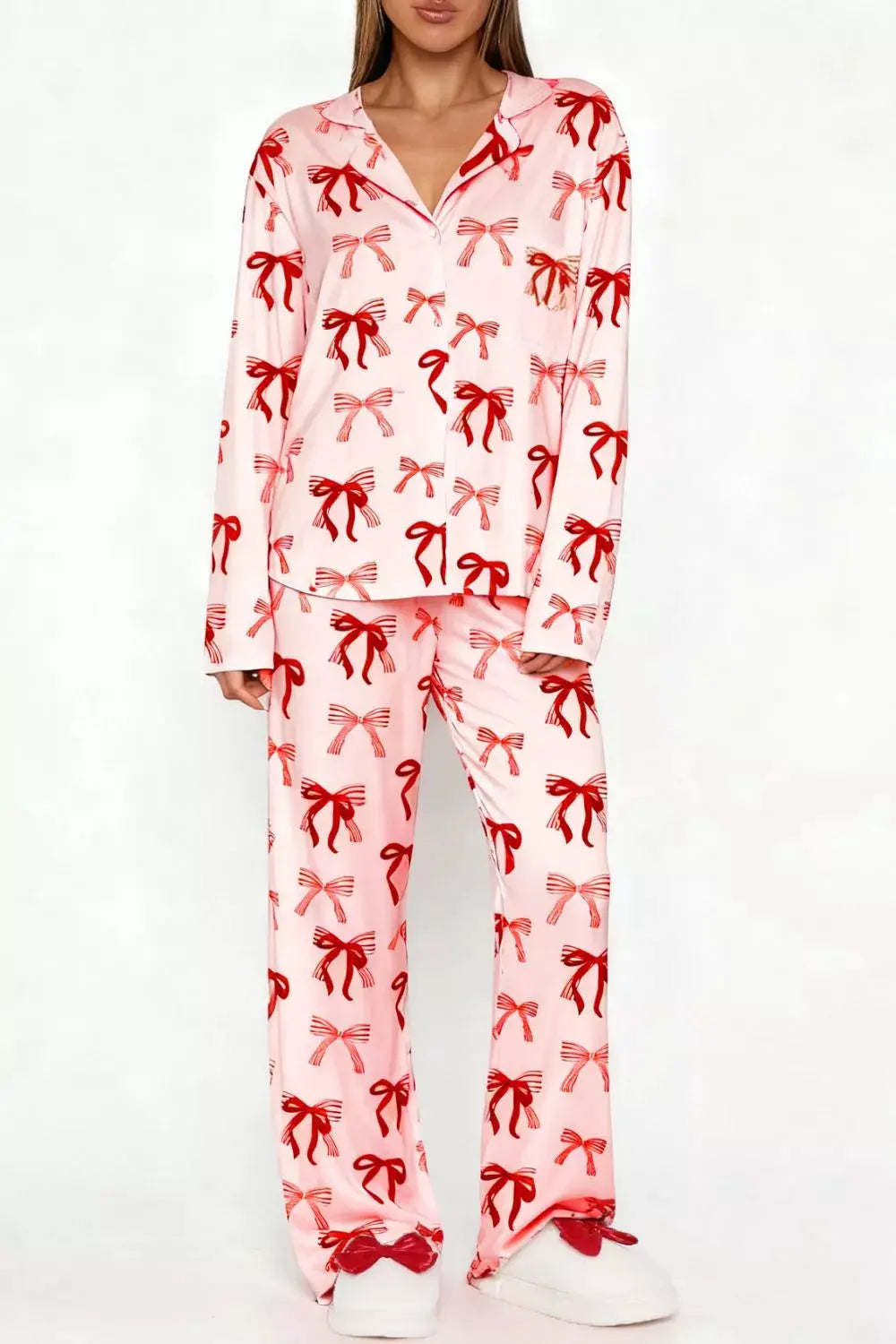 Bow Print Top and Wide Leg Pants Lounge Set by Partner Label