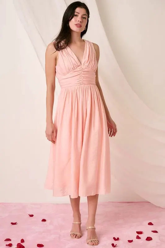 Mittoshop Ruched V-Neck Sleeveless Midi Dress by Mittoshop