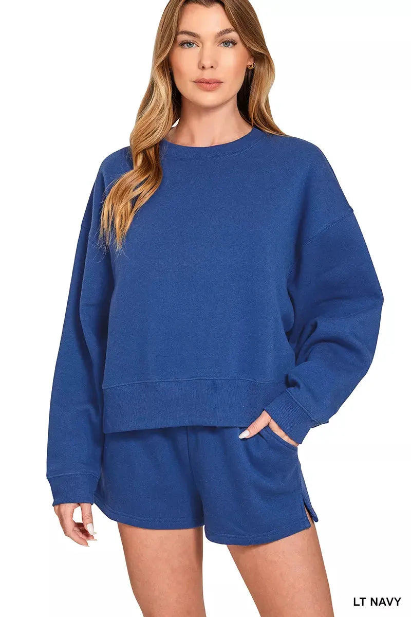 Zenana Fleece Round Neck Sweatshirt and Shorts Set by Zenana