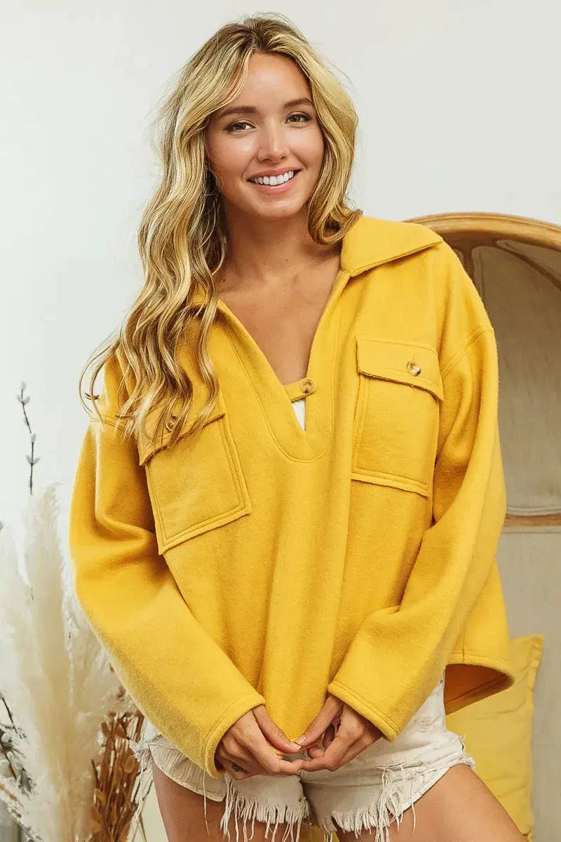 BiBi Flap Pockets Fleece Collared Sweatshirt by BiBi