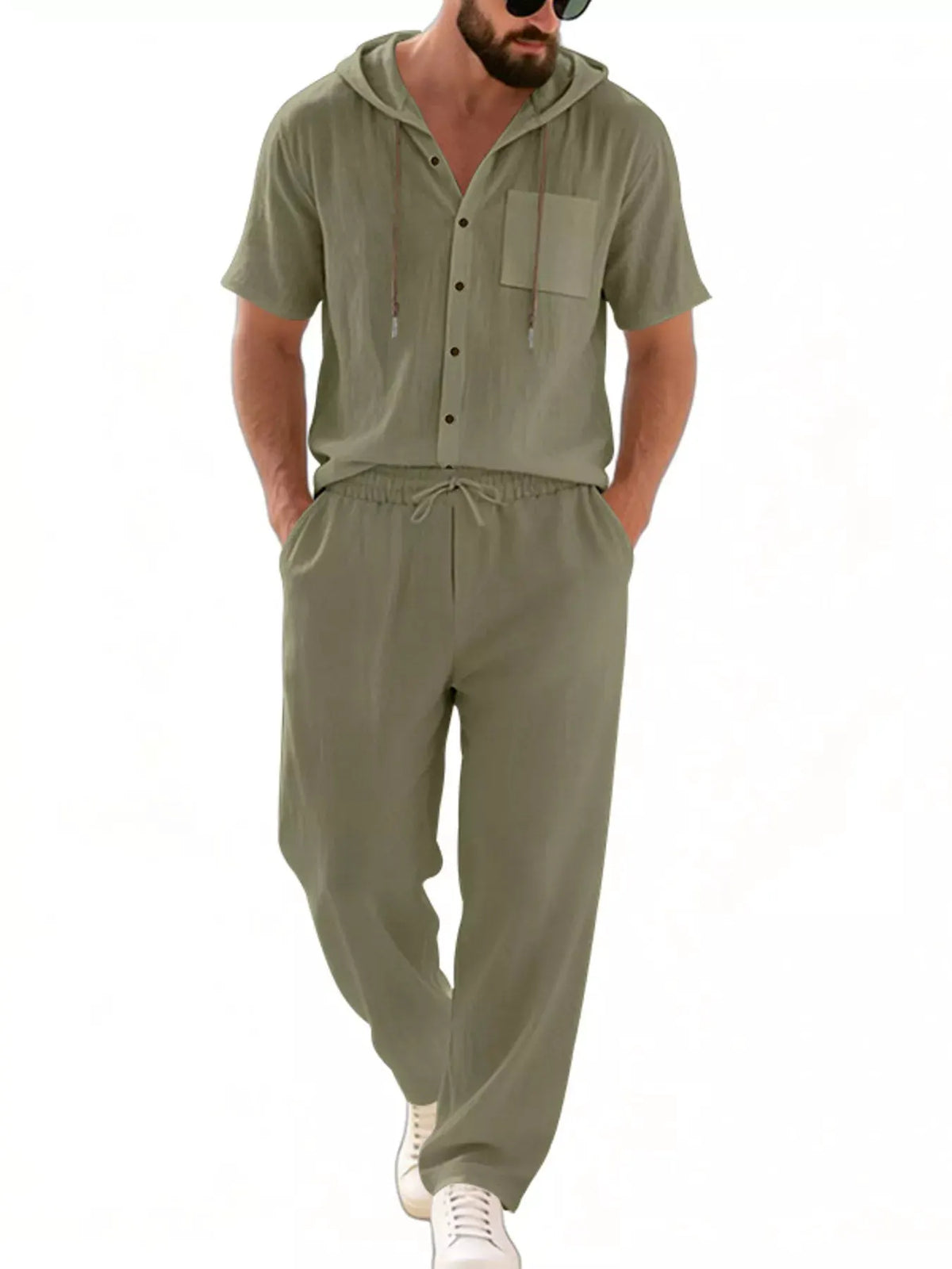 Men's Full Size Casual Hooded Short Sleeve Shirt and Pants Two-Piece Set Plus Size by Trendsi