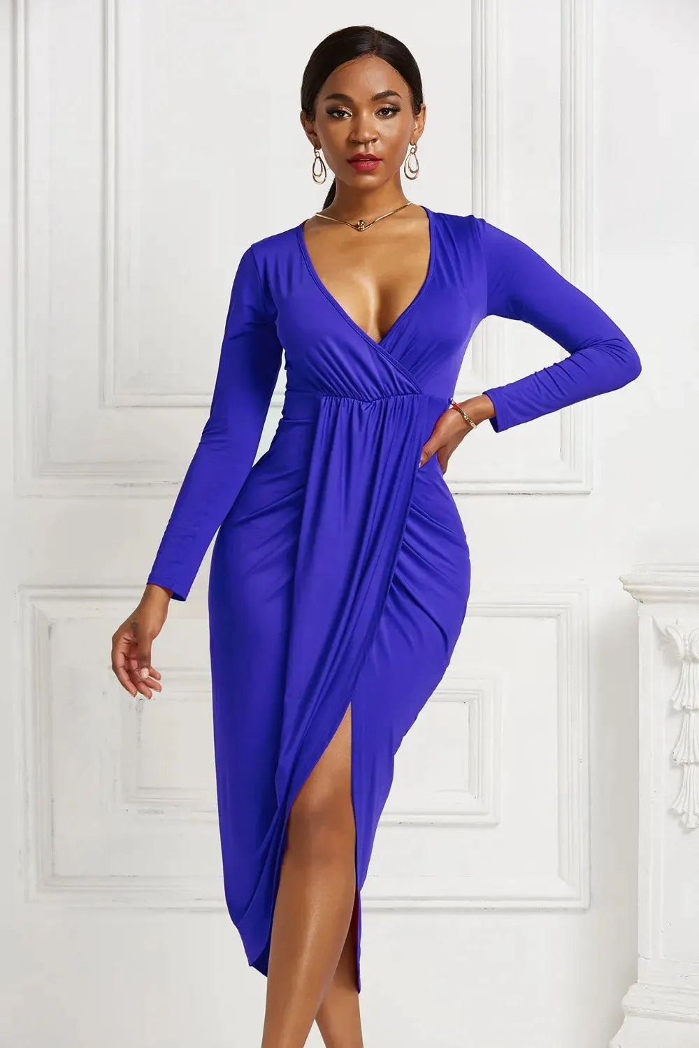 High-low Ruched Surplice Long Sleeve Dress by Partner Label