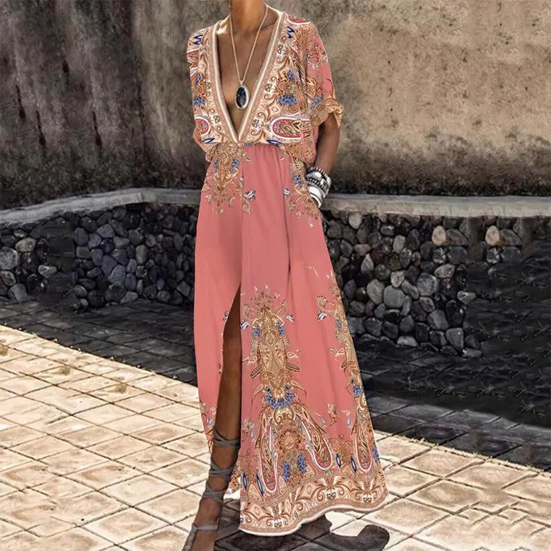 Vintage Pattern Printed Boho Long Dress Women Sexy Deep V by Anybestbuy Store