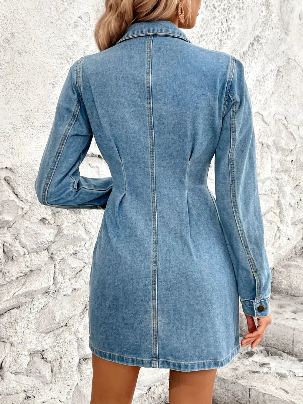 Pocketed Button Up Long Sleeve Denim Dress by Partner Label