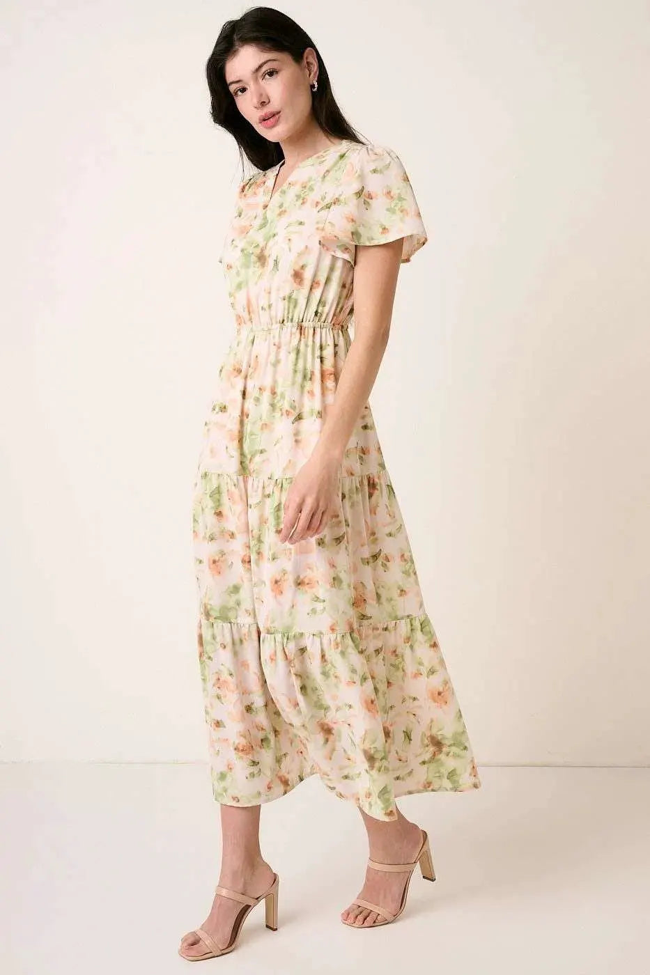 Mittoshop Flower Print Flutter Sleeve V Slit Maxi Dress by Mittoshop