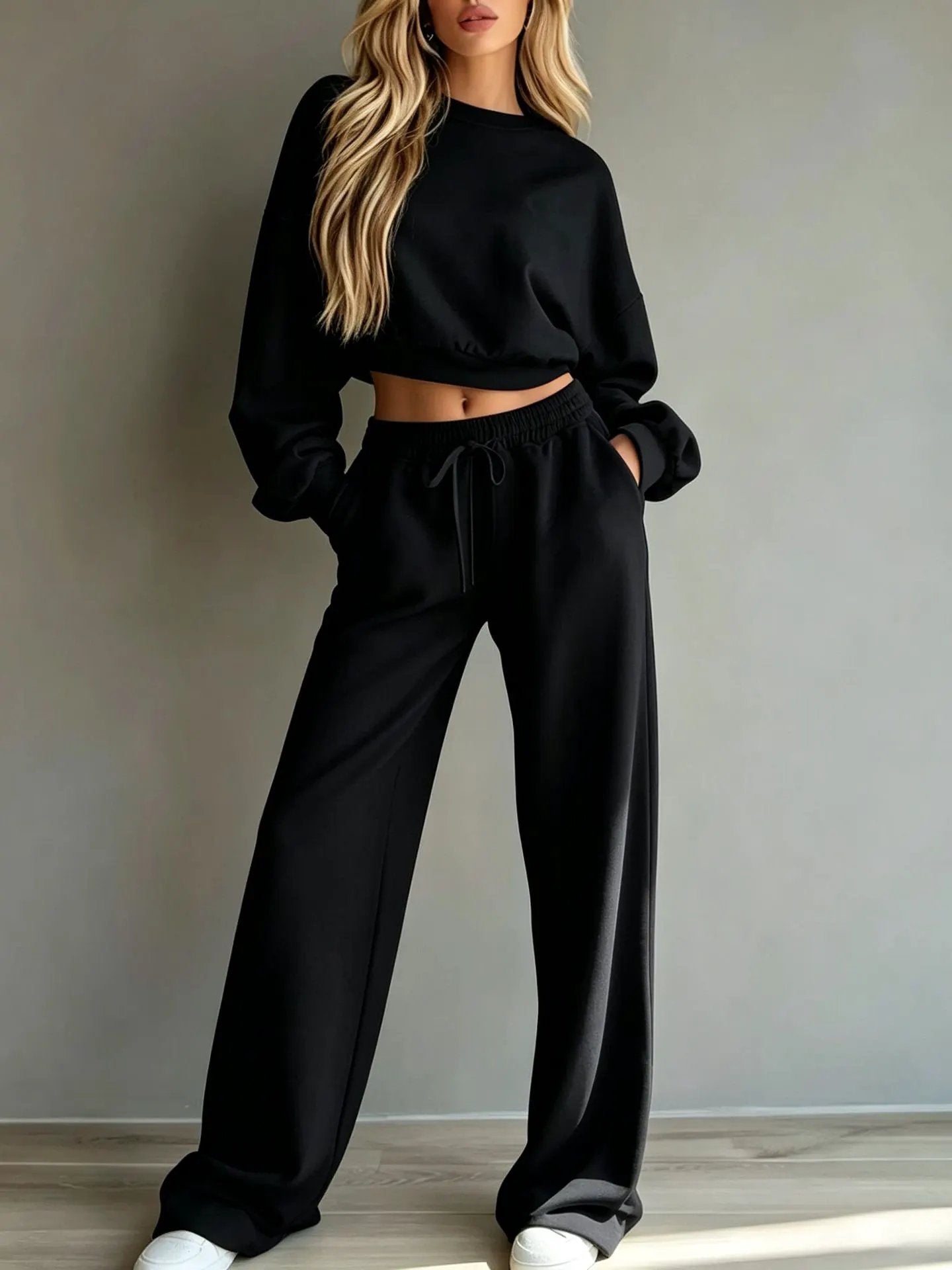 Womens Casual Short Hooded Sweatshirt And Wide-leg Pants Set by Maiden-Art