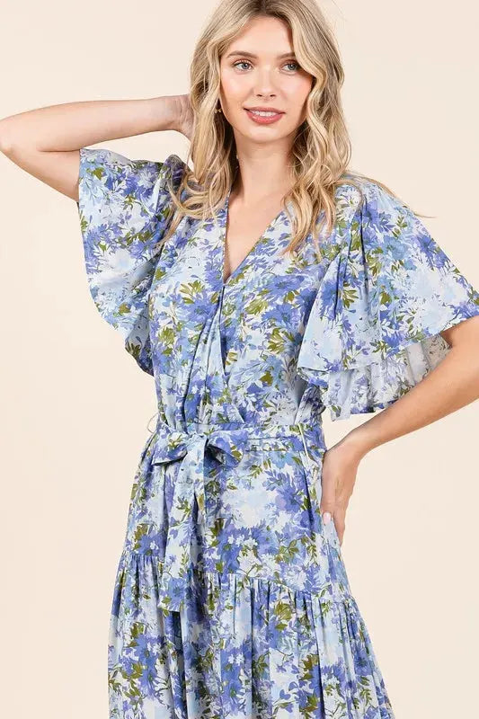 Mittoshop Floral Tie Waist Flutter Sleeve Tiered Dress by Mittoshop