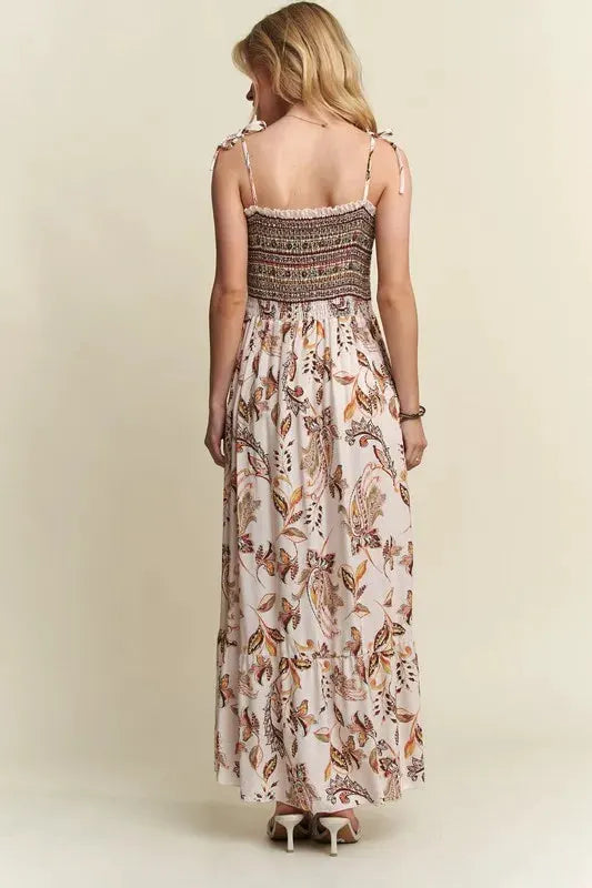 ADORA Smocked Printed Square Neck Tie Shoulder Cami Dress by Partner Label