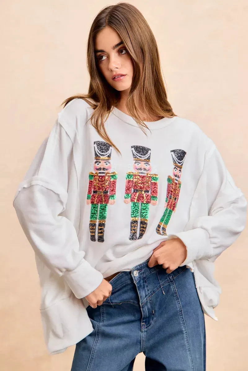 BiBi Christmas Sequin Nutcrackers Embroidery Sweatshirt by BiBi