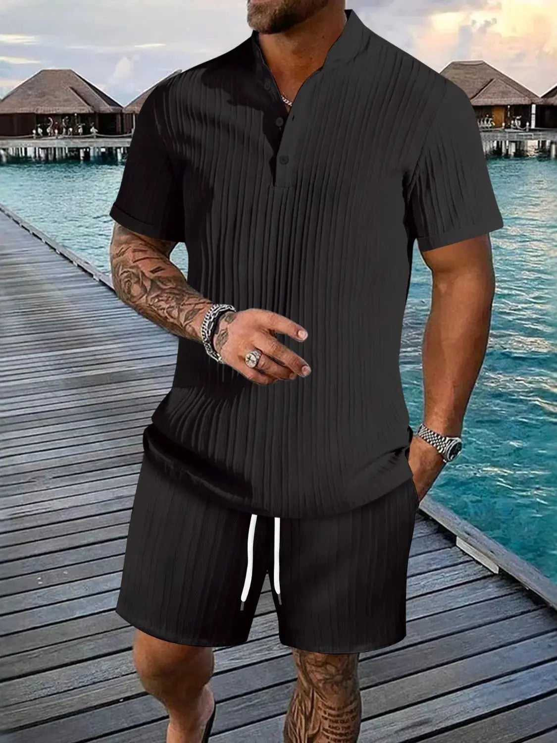 Men's Full Size Button Detail Short Sleeve Top and Shorts Set Plus Size by Trendsi