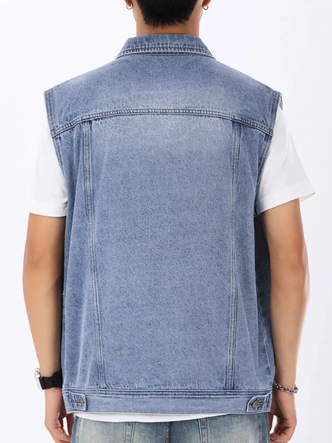 Men's Plus Size Vintage Washed Sleeveless Denim Vest by Trendsi
