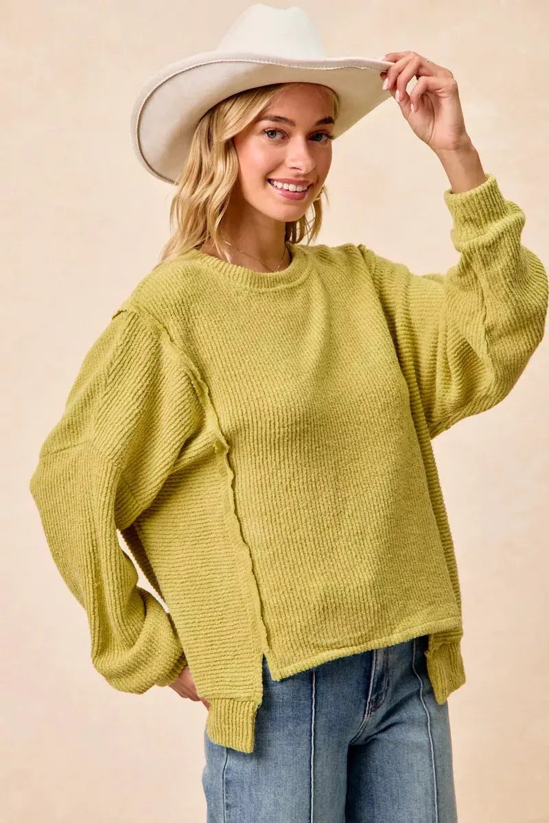 BiBi Boucle Rib Knit Uneven Hem Sweater With Open Seam by BiBi