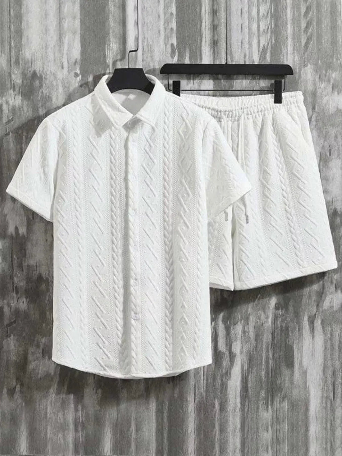 Men's Textured Knit Short Sleeve Polo & Shorts Set by Trendsi