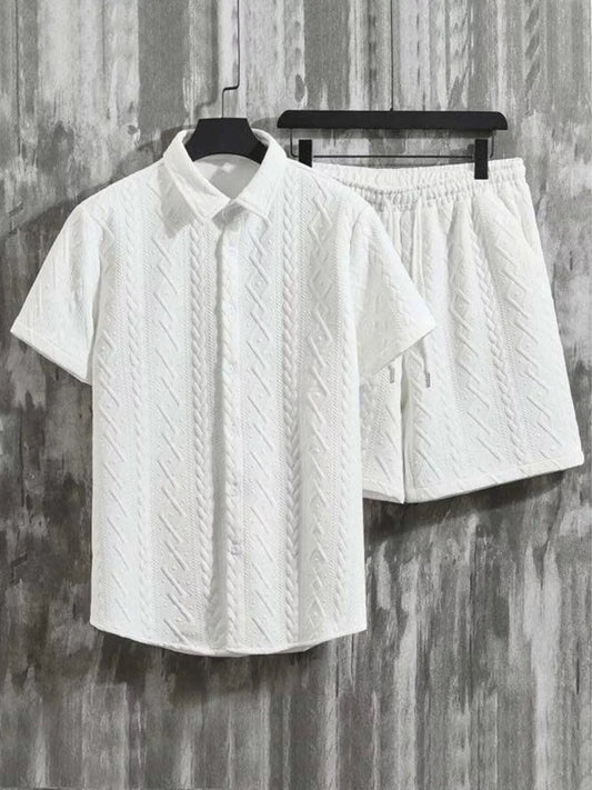Men's Textured Knit Short Sleeve Polo & Shorts Set by Trendsi