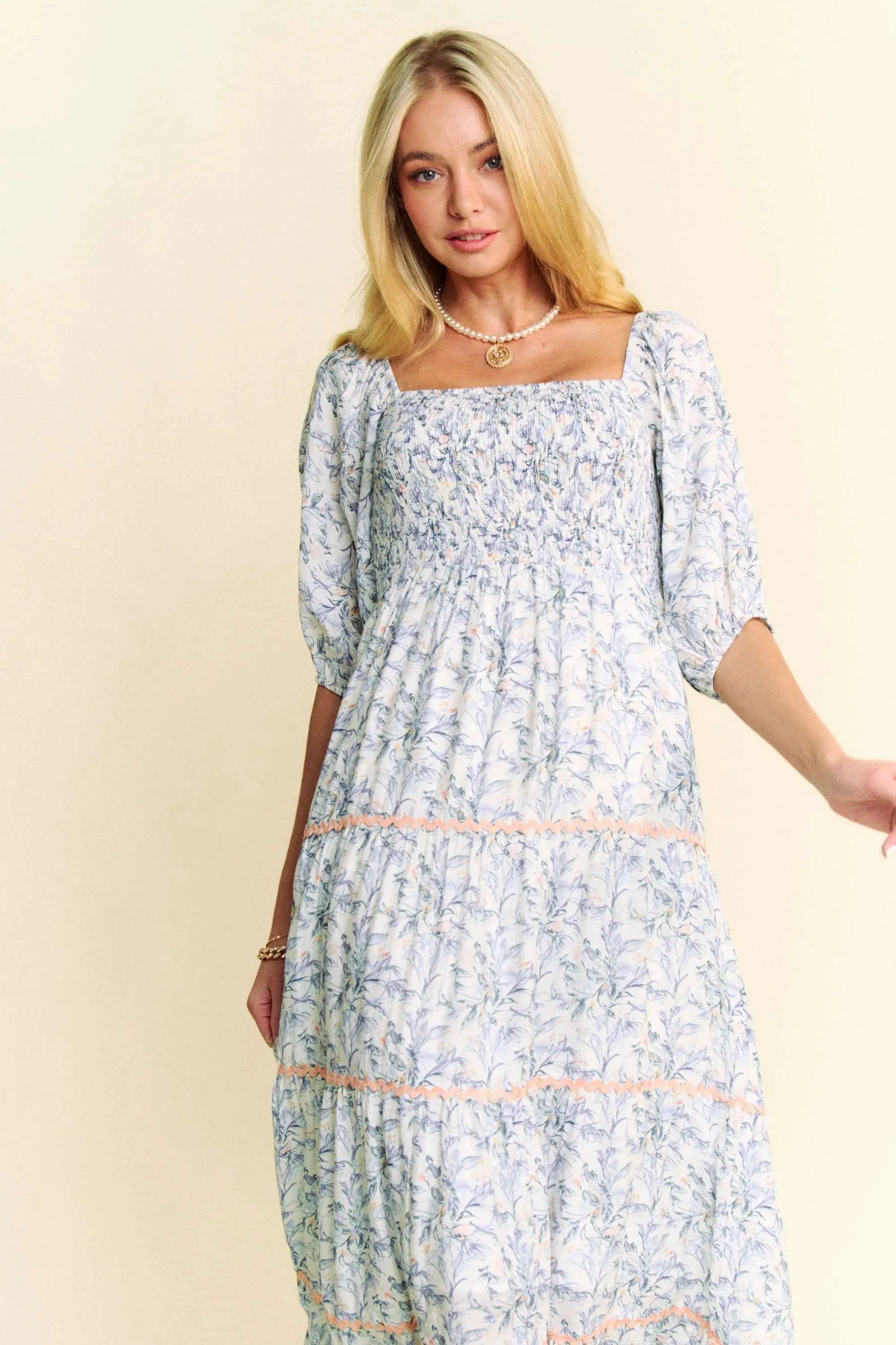 Davi & Dani Contrast Ric Smocking Bodice Tiered Midi Dress by Davi & Dani