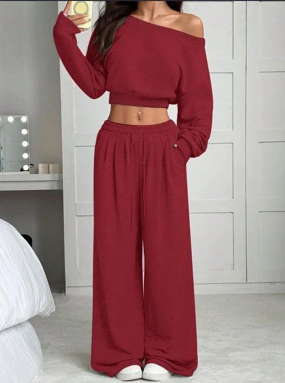 Women's Fashion Slim-fit Off-the-shoulder Navel Solid Color Casual Pants Suit by Maiden-Art