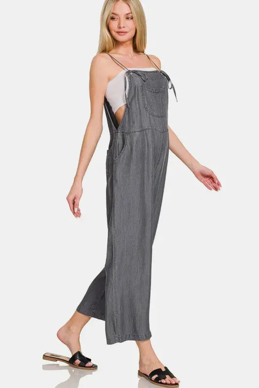 Zenana Washed Adjustable Strap Wide Leg Denim Overalls by Zenana