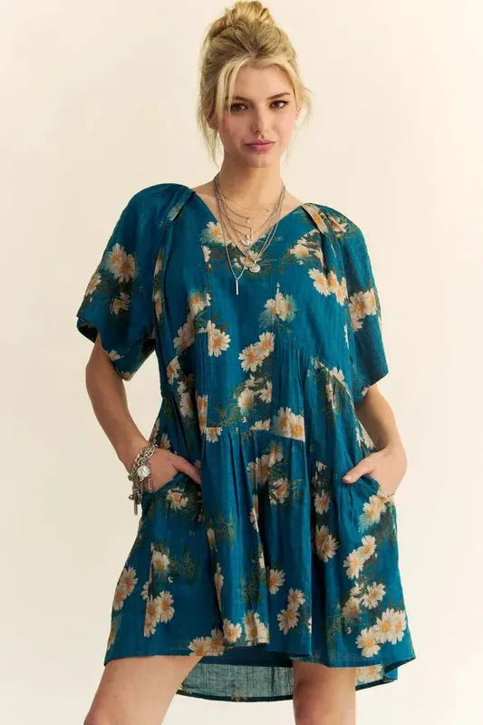 Davi & Dani Floral Print Short Bell Sleeve Pleated Mini Dress by Davi & Dani
