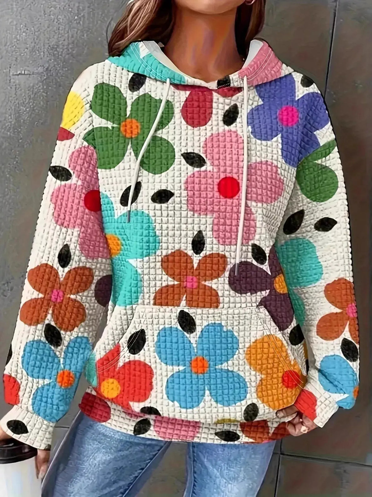 Floral Print Textured Drawstring Hoodie by Partner Label