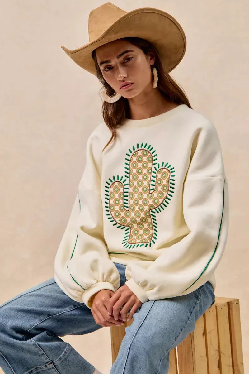 BiBi Cactus Embroidered Fleece Sweatshirt by BiBi