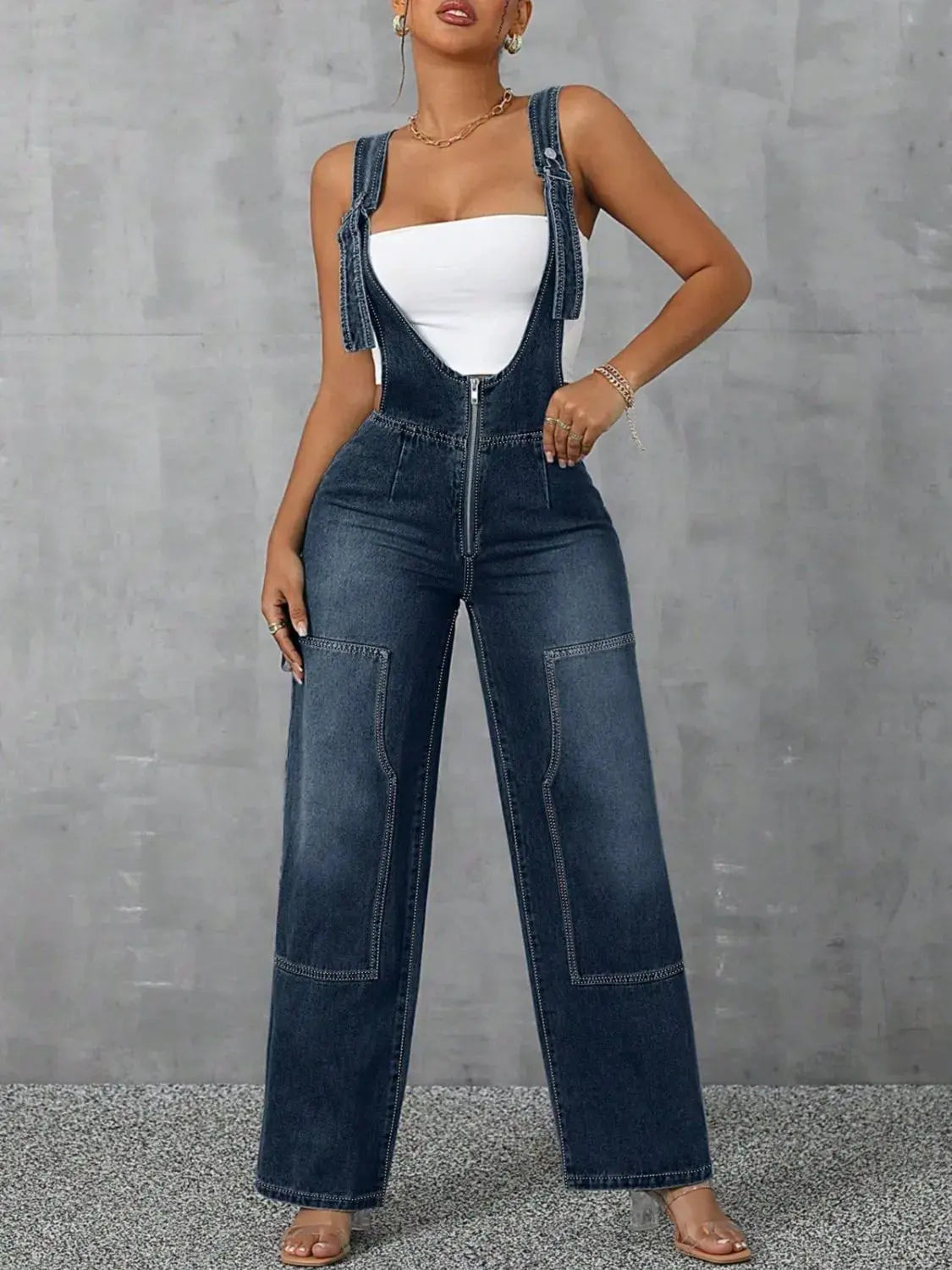 Zip Front Wide Strap Denim Overalls by Partner Labels