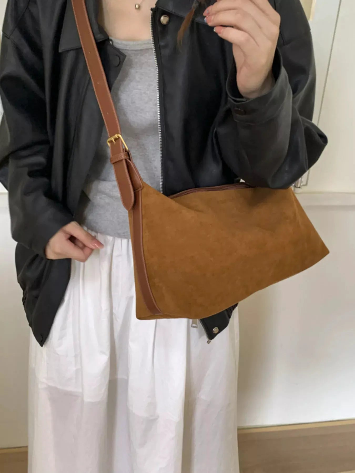 Solid Color Suede Hobo Crossbody Bag by Partner Label