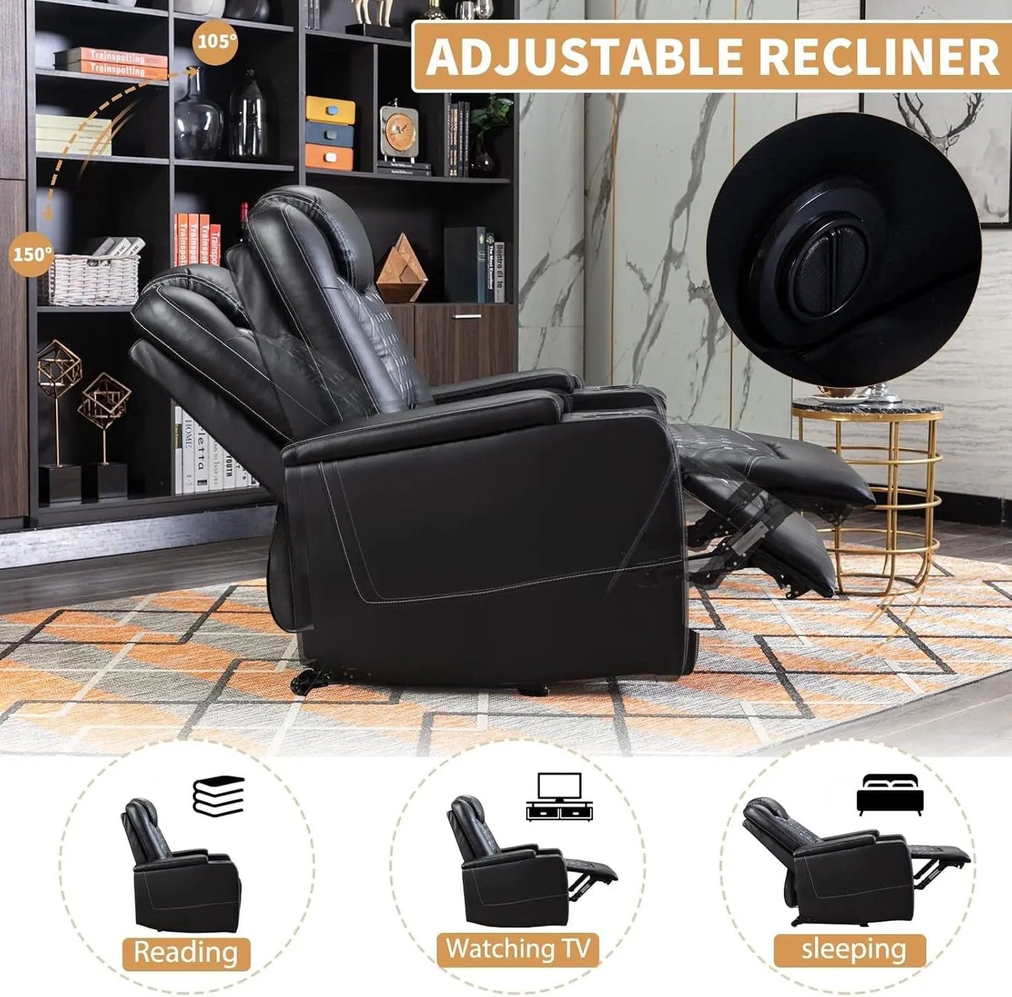 Power Recliner Chair Set of 3 – Black Leather with USB Ports & Cup Holders by Inland Leather