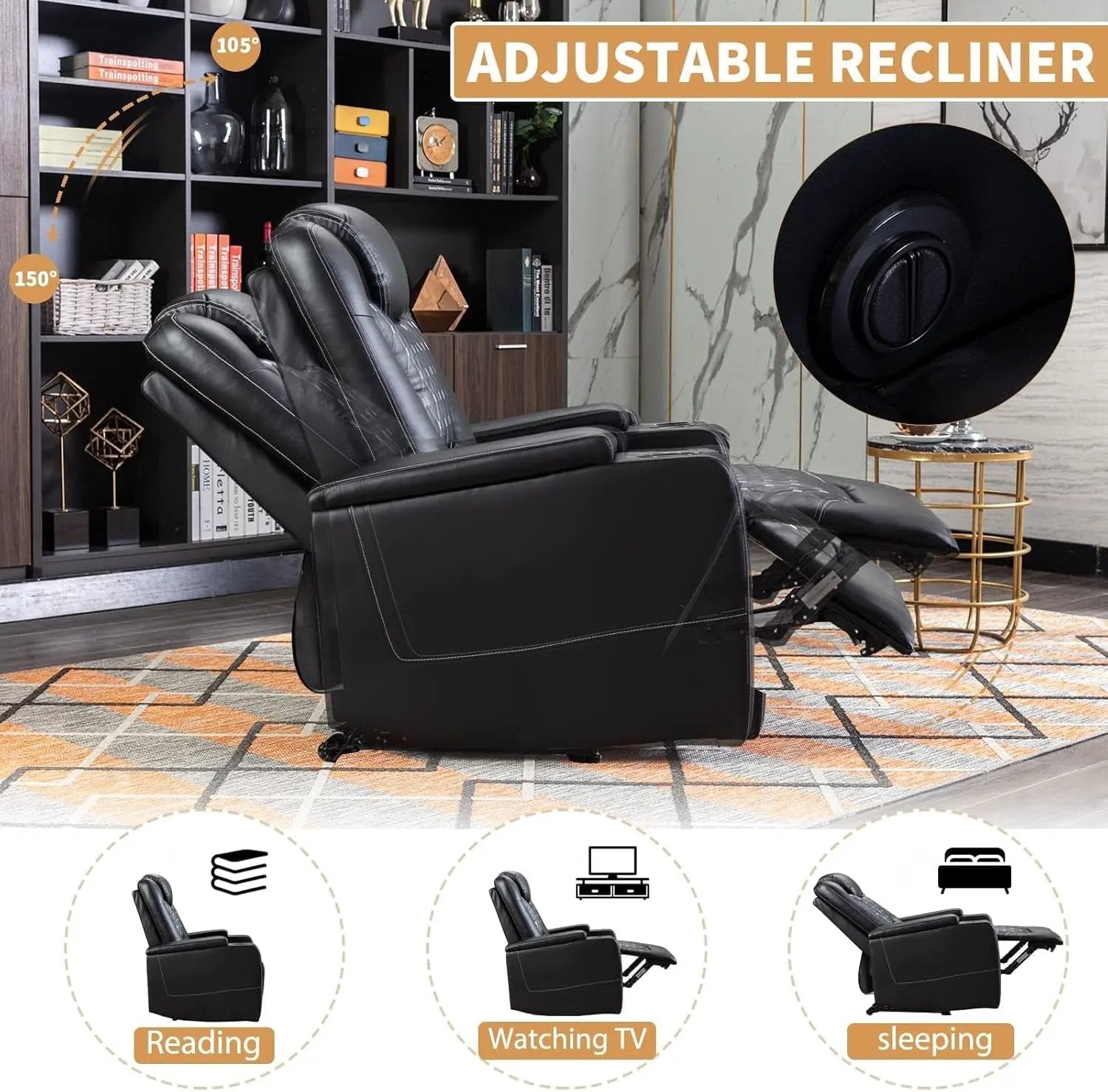 Power Recliner Chair Set of 3 – Black Leather with USB Ports & Cup Holders by Inland Leather